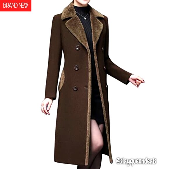 Women's Long Wool Peacoat Double Breasted Trench Coat Winter Jacket - Picture 2 of 7